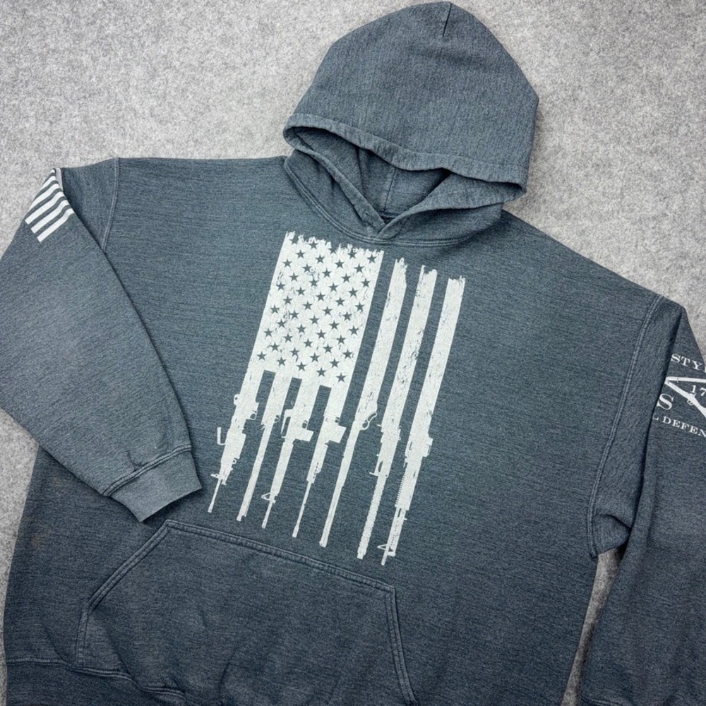 Grunt Style Hoodie Mens 2XL Gray American Flag Rifle Graphic Distressed Military